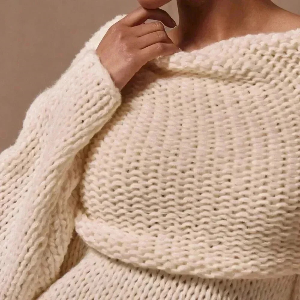 Cream Casual Women's Oversized Foldover Boat Neck Knit Jumper